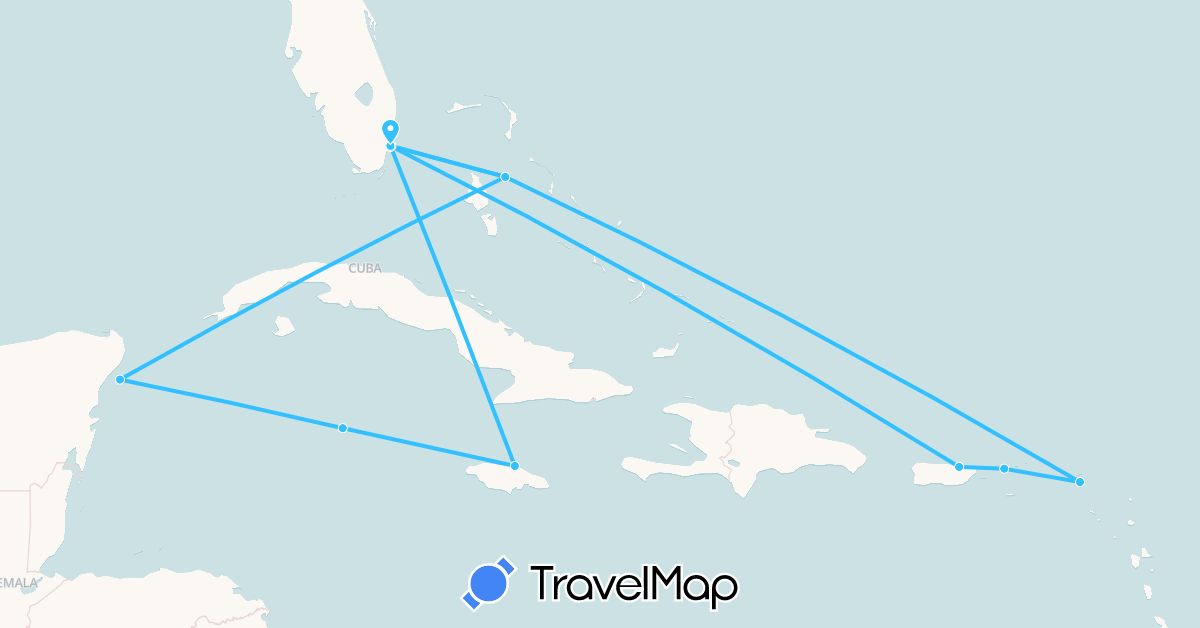 TravelMap itinerary: driving, boat in Bahamas, Jamaica, Cayman Islands, Mexico, Netherlands, United States (Europe, North America)